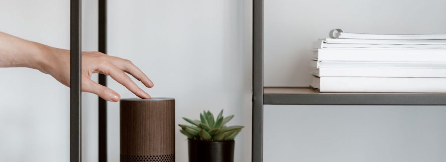 A smart home device on a shelf